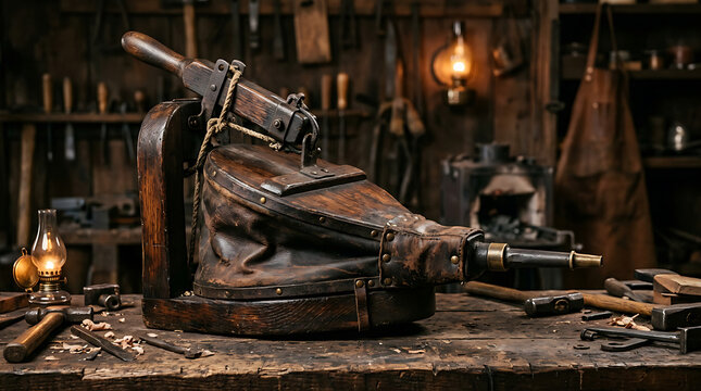 Antique Blacksmith Bellows Tool Resting on Wooden Workbench in a Rustic Forge Workshop