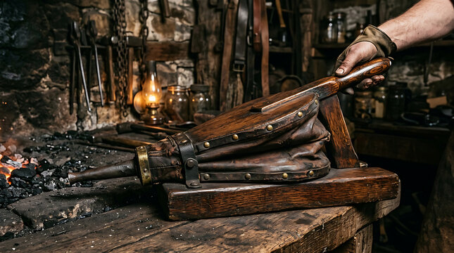 Antique wooden bellows tool resting on a workbench in a rustic blacksmith workshop atmosphere