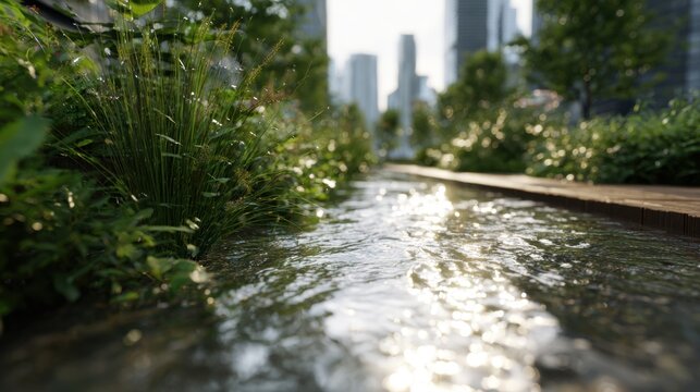 Urban oasis with flowing water and lush greenery beside modern skyscrapers