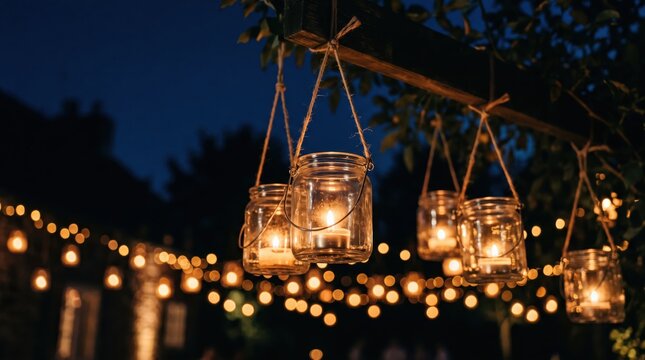 Warm glowing candlelight inside hanging glass mason jars suspended by rustic twine from wooden beam, creating romantic cozy atmosphere for outdoor garden party, wedding reception