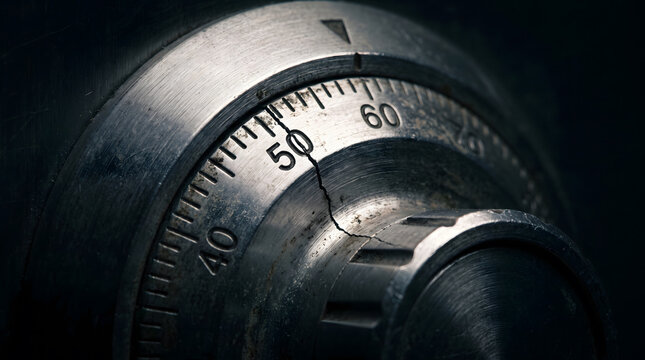 Close-up of vintage safe dial with cracked glass showing precise combination numbers and wear