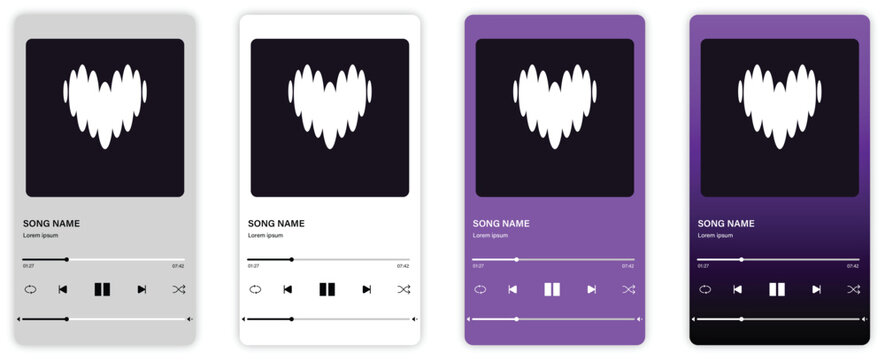 Set of Minimal deezer Music Player Interface Mockups for Mobile Apps with Heart Shaped Waveform and Playback Controls in Different Color Themes