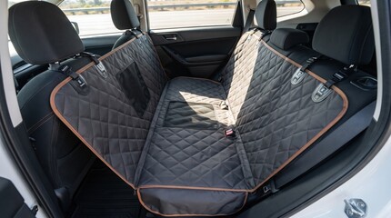 Obraz premium A spacious back seat is covered with a quilted protective seat cover, ready for a fun road trip. Sunlight shines through the windows, highlighting the comfortable setup.