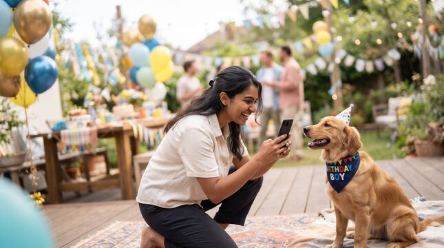 Laughter fills the air as a woman kneels beside her golden retriever, capturing a joyful moment on her phone during a vibrant birthday celebration. Friends mingle nearby, surrounded by decorations.