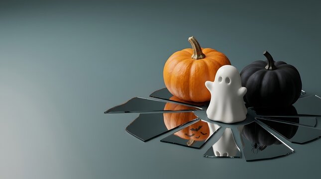 A small white ghost figurine standing between orange and black pumpkins on a broken mirror surface