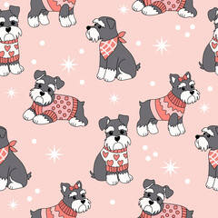 Obraz premium Pink Miniature Schnauzer Dogs in Heart Sweaters Seamless Pattern