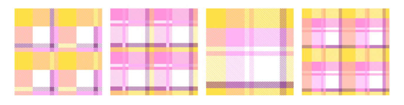 Picnic Tablecloth Plaid, Tartan Seamless Pattern Vector Set. Traditional Square. Grid blankets, checkered kitchen print, napkin textile in pastel pink colors.