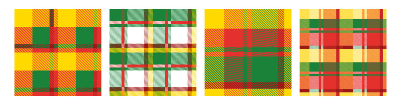 Picnic Tablecloth Plaid, Tartan Seamless Pattern Vector Set. Traditional Square. Grid blankets, checkered kitchen print, napkin textile in pastel green, red, yellow colors.