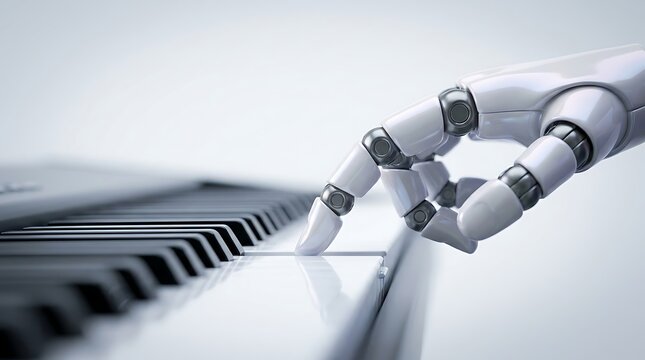 Robotic hand plays piano keys with precision control and advanced technology in a modern setting for musical creativity.