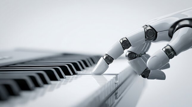 Robotic hand plays piano keys with precision control and advanced technology in a modern setting for musical creativity.