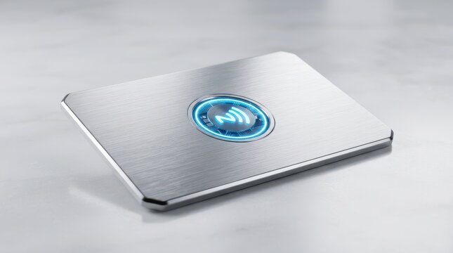 Metal credit card with contactless payment chip and blue glowing light