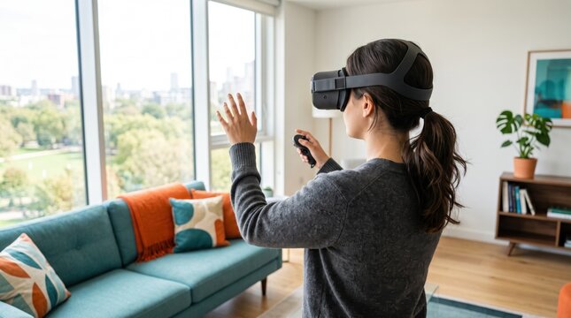Young woman wearing virtual reality headset and holding controller in modern living room, experiencing immersive metaverse gaming, simulation technology, and digital entertainment
