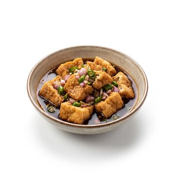 Indonesian Tahu Gejrot Fried Tofu with Spicy Sweet Sauce in Ceramic Bowl