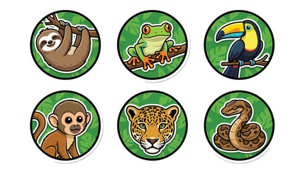 Naklejka premium Collection of cartoon jungle animal stickers featuring sloth frog toucan monkey jaguar and snake