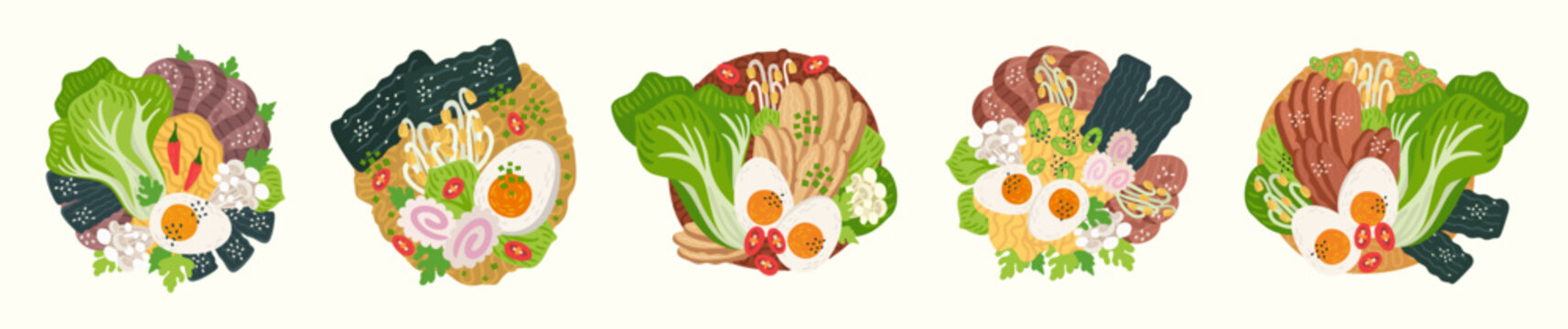 Ramen in bowl on table. Top view. Illustration with Japanese soup in flat style. Asian food: miso, egg, nori, leek, noodles, pork, soybean sprouts, kamaboko, Enoki, Bok choy. Vector round composition.