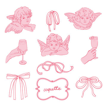 Coquette Set with Aesthetic Hand-Drawn Vector Elements. Bows, Hearts, and Vintage Frames. For Valentine's Day, romantic designs, postcards, greeting cards, wedding invitations, and banner.