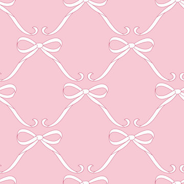 Coquette Cute seamless pattern with bow set. Hand-drawn vintage ribbons. For party, Wedding, invitation, social media template, and greetings in retro style. Vector minimalist elements, line art.