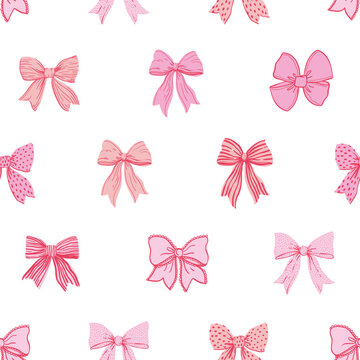Coquette Cute seamless pattern with bow set. Hand-drawn vintage ribbons. For party, Wedding, invitation, social media template, and greetings in retro style. Vector minimalist elements, line art.