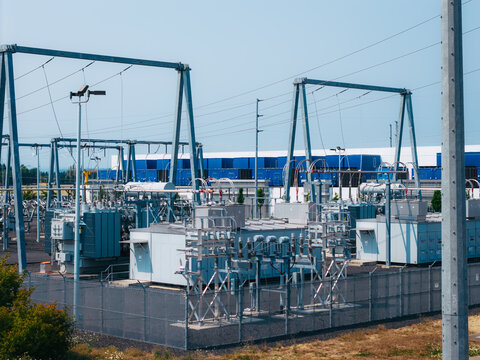 Aerial view of the Hillsboro substation featuring industrial transformers, metal power structures, and electrical equipment in Hillsboro, Oregon, United States.