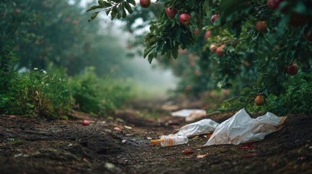 Apple orchard shows fallen apples among lush trees and misty atmosphere. Ground is littered with plastic bottle and discarded bag creating contrast in natural setting
