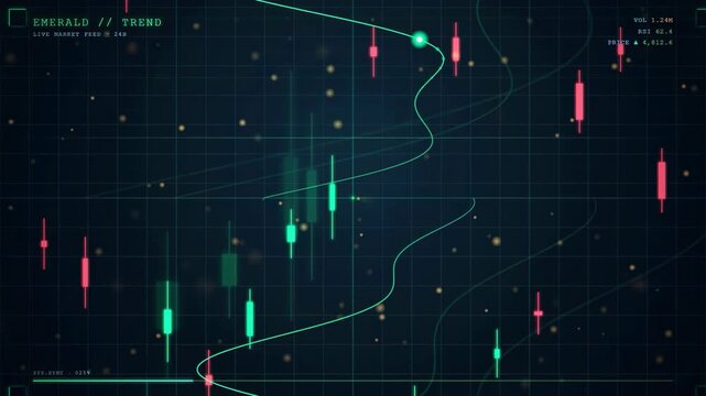 Abstract Digital Financial Trading Chart with Candlestick Patterns and Moving Average Lines on Dark Background