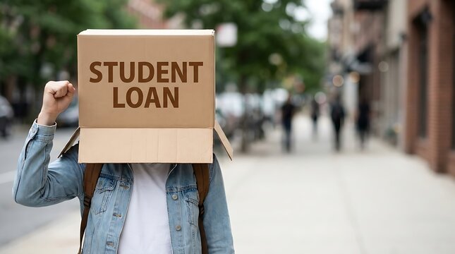Youth wearing student loan cardboard box raises clenched fist on city sidewalk demonstrating against unfair tuition prices high interest and expensive college.