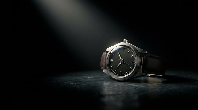 Classic luxury wristwatch with leather strap lit by spotlight on dark surface wristwatch accessory