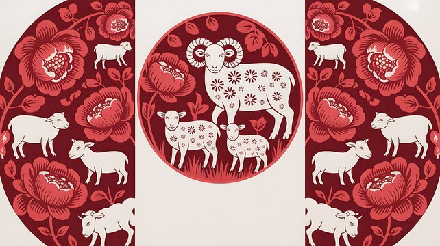 Decorative pattern with white sheep and ram on red floral