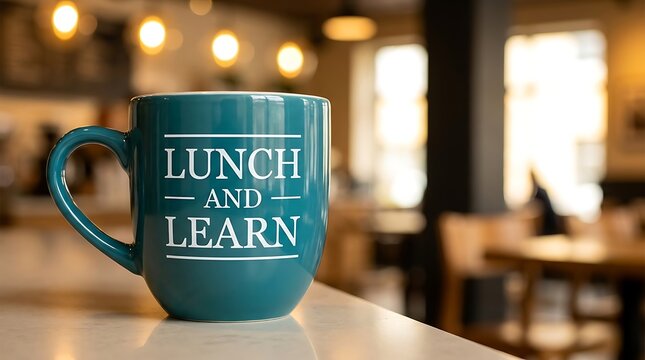 Turquoise coffee mug with 'Lunch and Learn' text centered on kitchen counter with blurred background of people dining and lights.