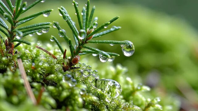 Moss covered with glittering water droplets and small evergreen pine needles shines brightly in a lush forest after fresh morning rain.