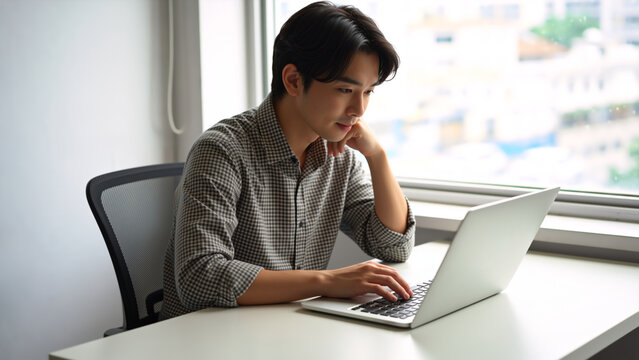 Young Asian man vibe coding on laptop at home. Male developer typing and working on AI-assisted software development