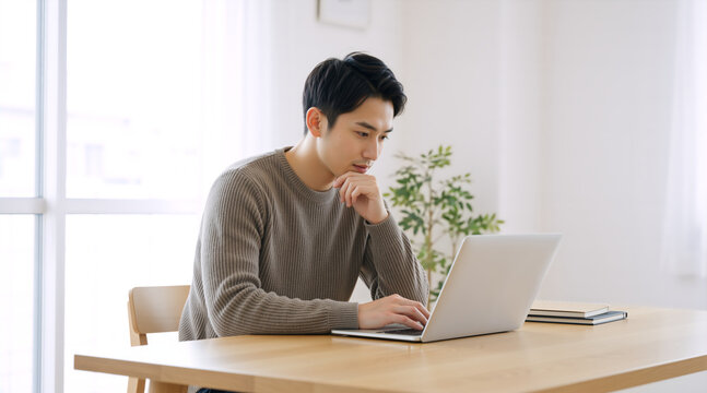 Young Asian man typing on laptop at home. Vibe coding and AI-assisted software development concept