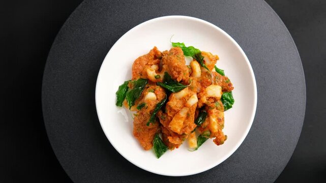 Spicy Thai Fish Cakes with Squid, Red Curry, Deep fried with fish patty in white plate.(Tod mun pla muk).Top view.