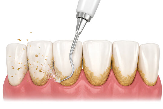 Realistic 3D dental illustration of ultrasonic scaling, removing tartar from the gumline with visible calculus deposits, white background.