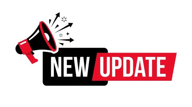 A red and black megaphone icon with the words new update displayed on a bold graphic banner design