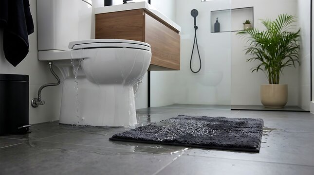Overflowing toilet leaking water onto gray bathroom floor tiles near dark bath mat creates emergency plumbing disaster requiring professional repair services.