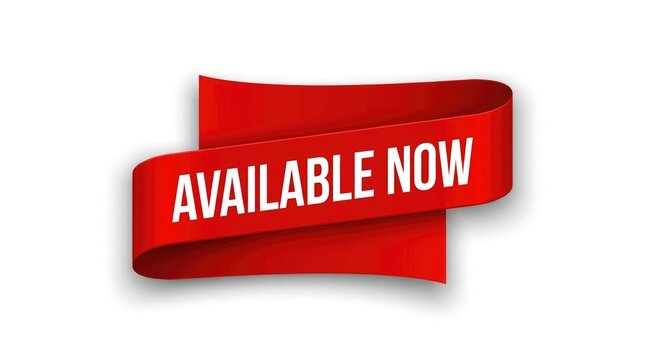 Red ribbon banner with the text available now isolated on a white background for marketing and sales