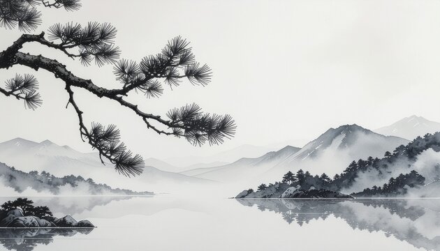 Ink wash painting of a pine branch over misty mountains and water, Japanese landscape
