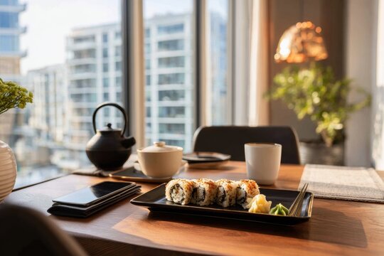 Sushi served on black plate features fresh rolls with wasabi and ginger. Bright natural light illuminates modern dining table near large windows showcasing city views