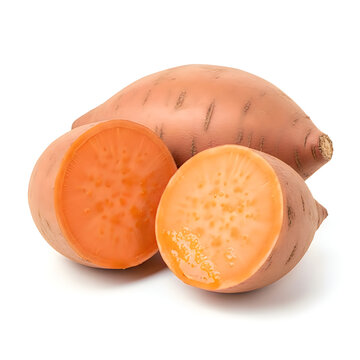 A whole sweet potato placed behind two halves showing the bright orange interior texture inside