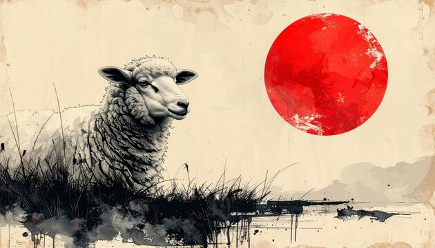 Sumi-e ink painting of a resting sheep with a red sun, Japanese New Year design with copy space