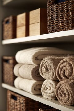 Towels neatly rolled on shelf create warm and organized atmosphere. Wooden boxes and woven baskets add texture and color. Natural light highlights soft fabrics