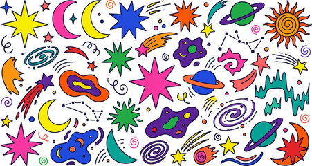 Obraz premium Vibrant space themed doodle sticker pack featuring planets stars moons galaxies and comets in colorful hand drawn illustration style for creative scrapbooking and educational design projects