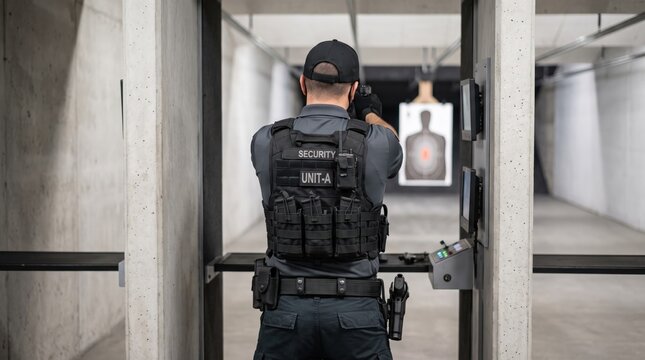 Professional security guard officer wearing tactical vest and holding handgun aiming at target in indoor shooting range for firearm safety training, police protection