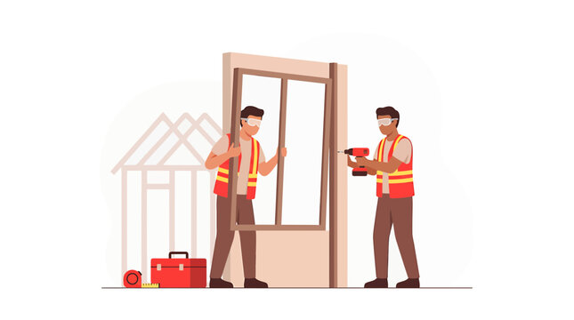 Construction Workers Installing a Window in a New Residential Building