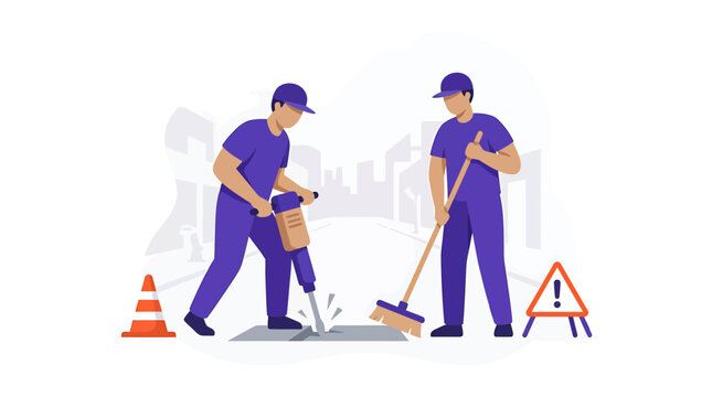 Construction Workers Using Jackhammer and Broom for Road Repair