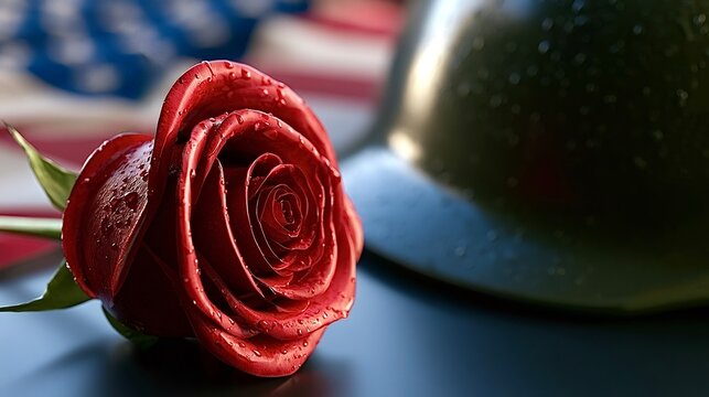 Red rose, military helmet, american flag honoring veterans