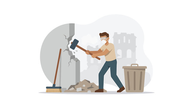 Demolition Worker Breaking Wall with Sledgehammer for Renovation