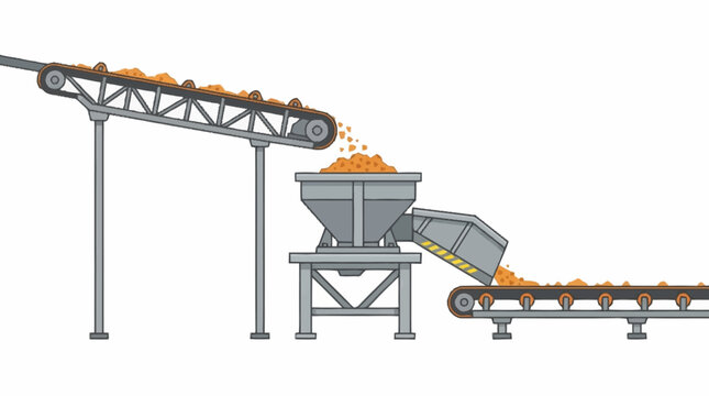Industrial conveyor belt system moving bulk materials in a factory.