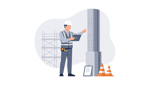 Engineer Inspecting Steel Beam Structure Using Tablet Illustration